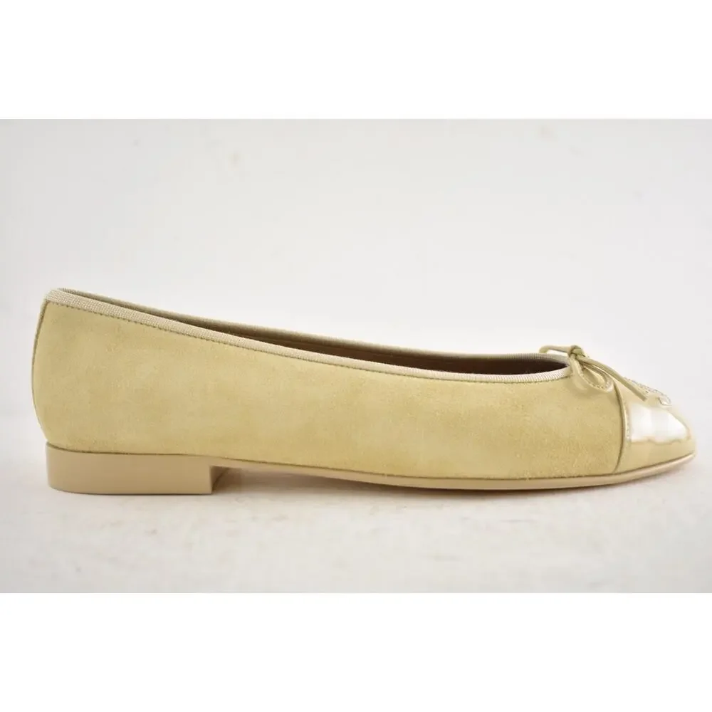 Chanel 26A Beige Suede Patent Leather CC Logo Bow Tie Ballet Ballerina Flat 39.5 - Picture 2 of 16